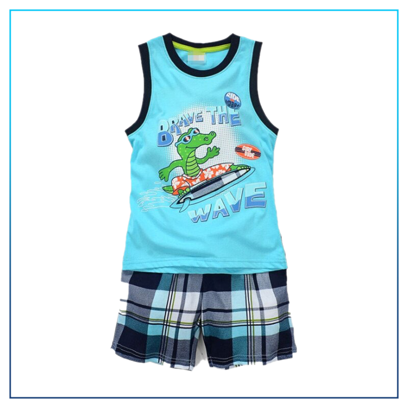 Summer Boys Cute Cartoon Design Sleeveless Pyjamas Set - Beige, Blue, Green.