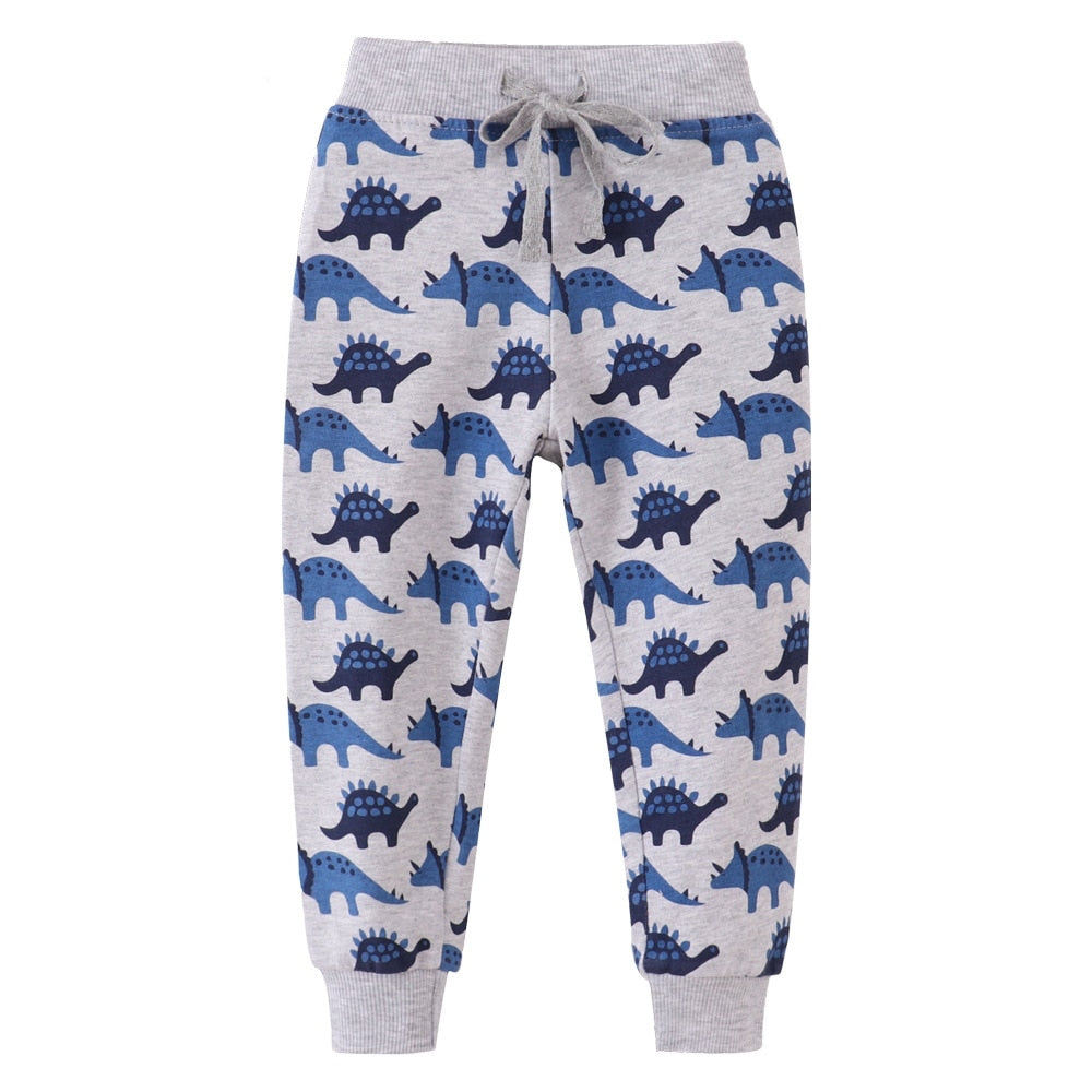 Dinosaur & Machinery Print Cotton Sports Pants for Boys - Beige, Grey.