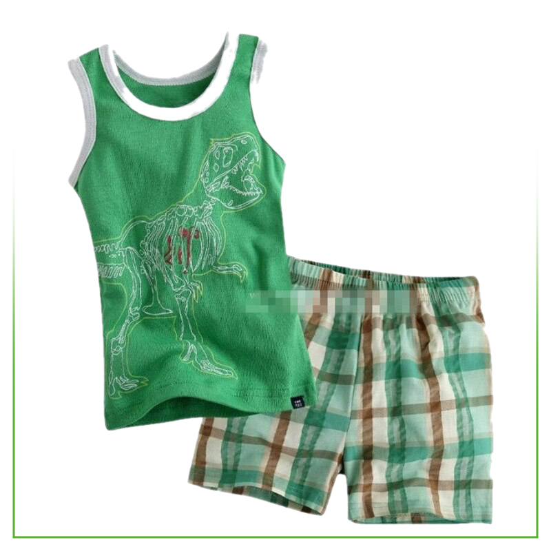 Summer Boys Cute Cartoon Design Sleeveless Pyjamas Set - Beige, Blue, Green.
