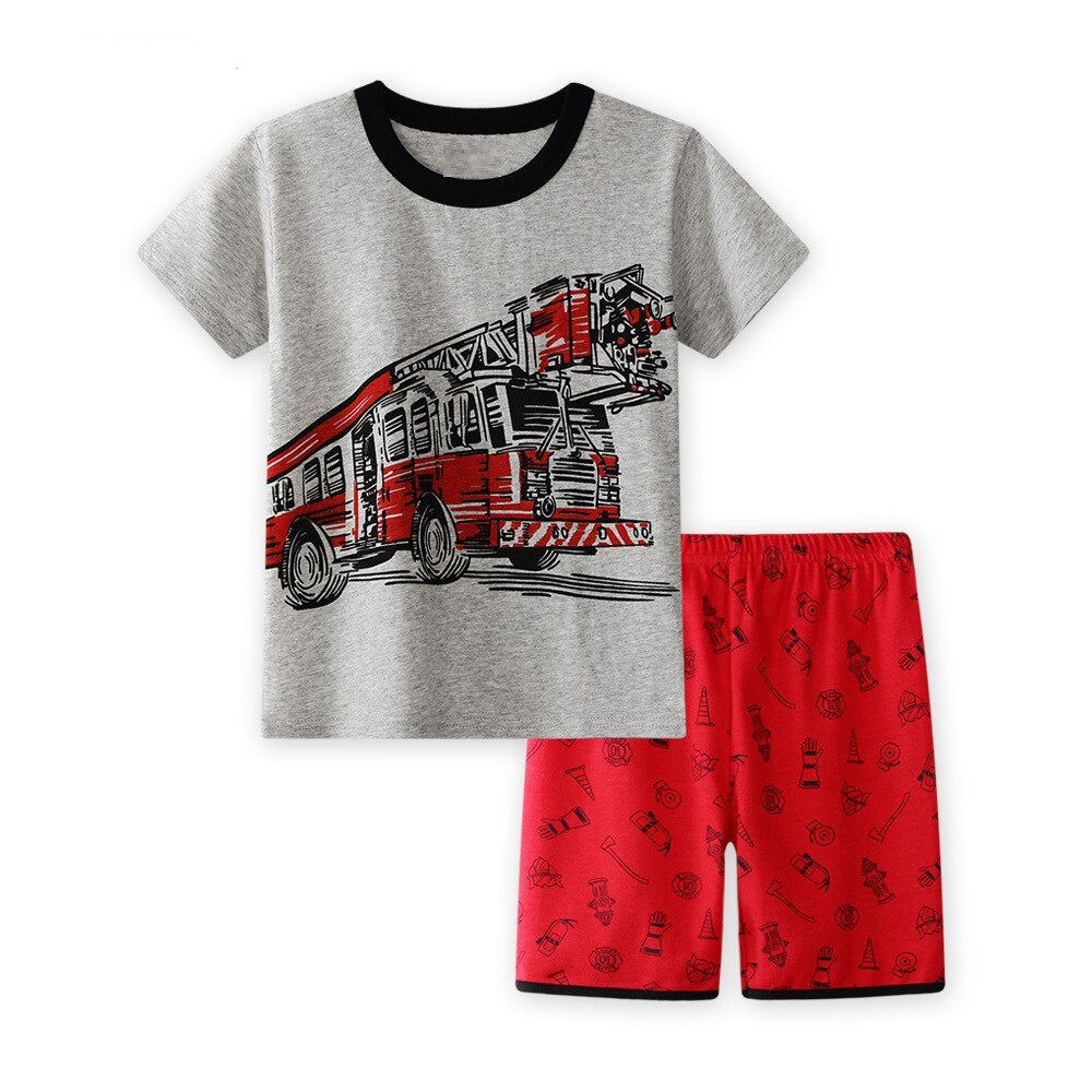 Summer Boys Cute Cartoon Design Short Sleeve Pyjamas Set - Grey, Green, Red.