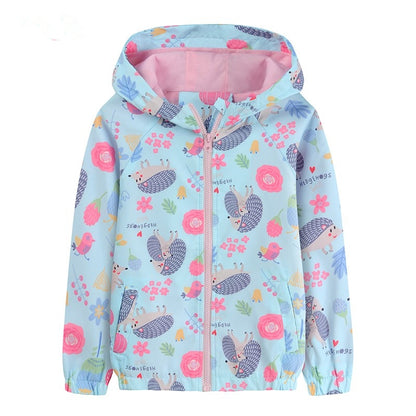 Girls Cartoon Hedgehog Pattern Double Layer Breathable Cotton Lining Jacket - Blue.
