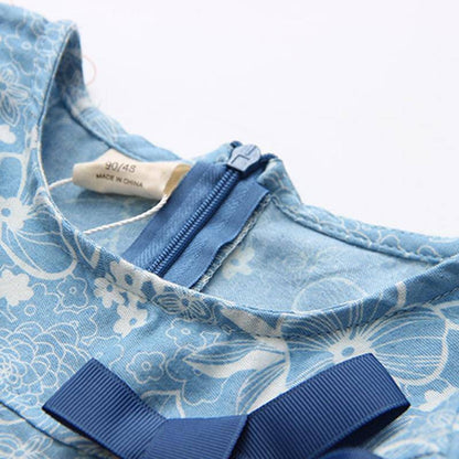 Girls Flower Print Denim Blue Bow Long Sleeve Cute Blouse.