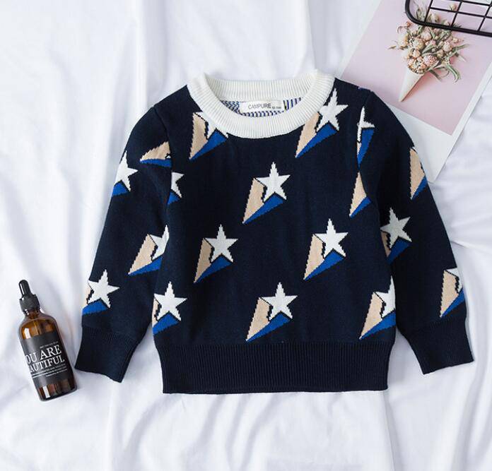 Children's Cartoon Print Knitted Long Sleeve Sweater - Blue, White, Navy, Striped.