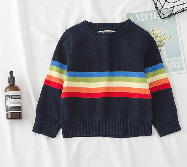 Kids Knitted Cartoon Solid Colour Long Sleeve Sweater - Grey, Navy, Yellow, Striped.