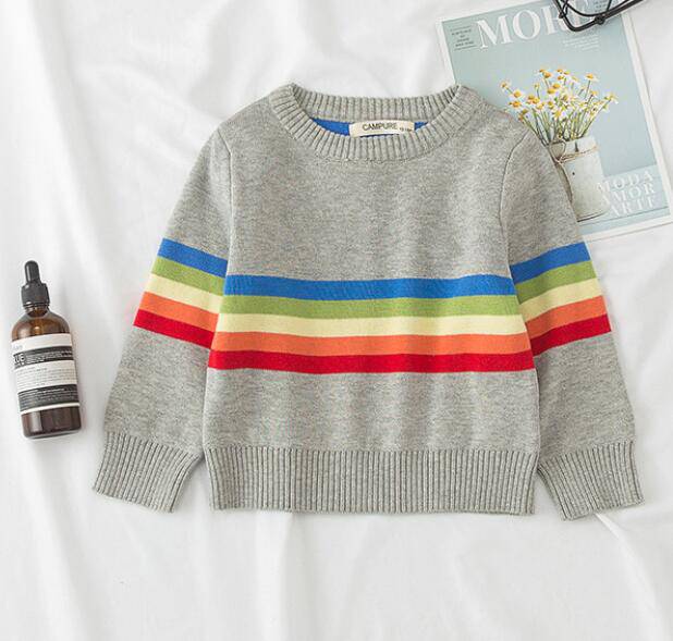 Kids Knitted Cartoon Solid Colour Long Sleeve Sweater - Grey, Navy, Yellow, Striped.