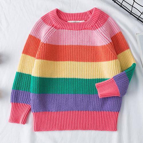 Kids Knitted Cartoon Solid Colour Long Sleeve Sweater - Black, Red, Pink, Striped.