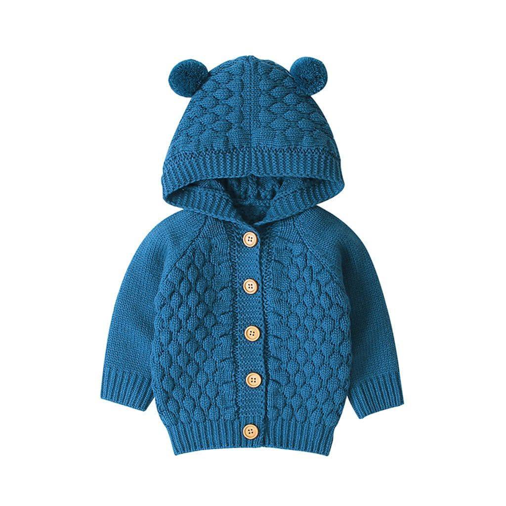 Children's Sweater Fur Ball Hooded Knitted Jacket - Blue.