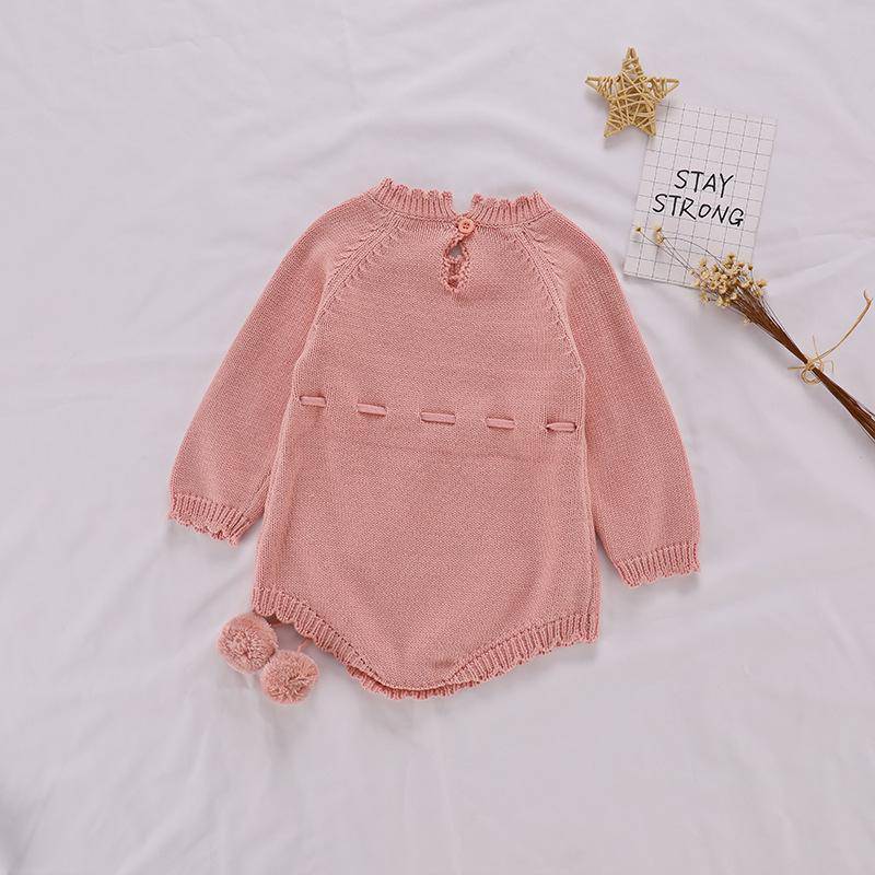 Long Sleeve Cotton Knitted Baby Girls Jumpsuit - White, Pink.