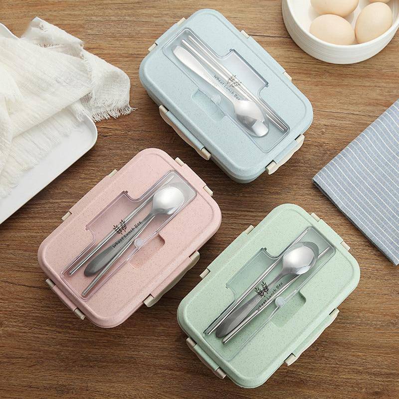 Bento Hermetically Sealed Plastic Lunch Box with Stainless Steel, Chopsticks and Spoon.