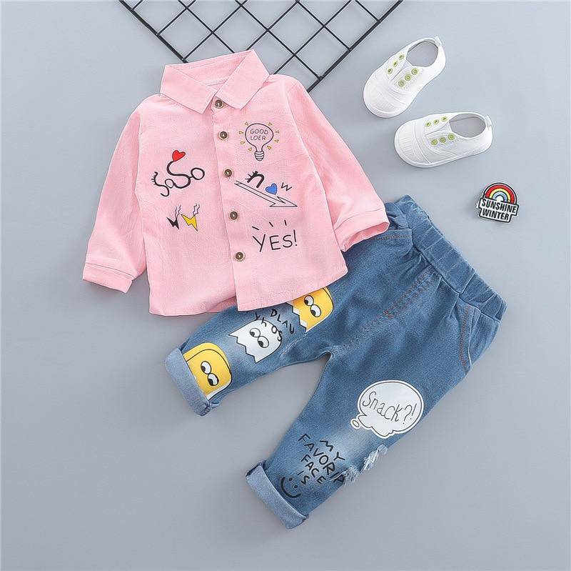 Baby Fashion Embroidery Long Sleeve Shirt & Denim Pants Set.