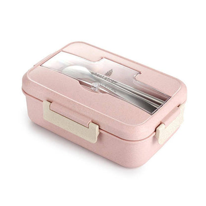 Bento Hermetically Sealed Plastic Lunch Box with Stainless Steel, Chopsticks and Spoon.