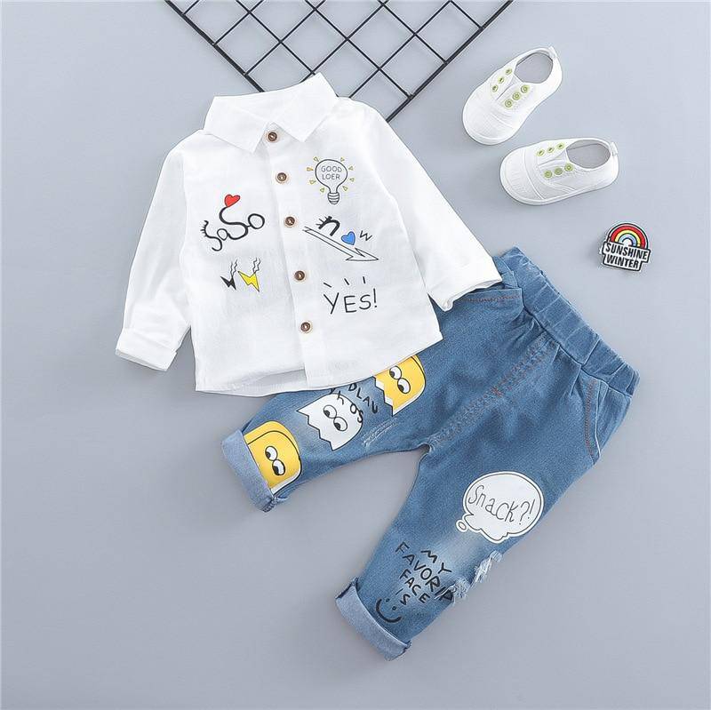 Baby Fashion Embroidery Long Sleeve Shirt & Denim Pants Set.