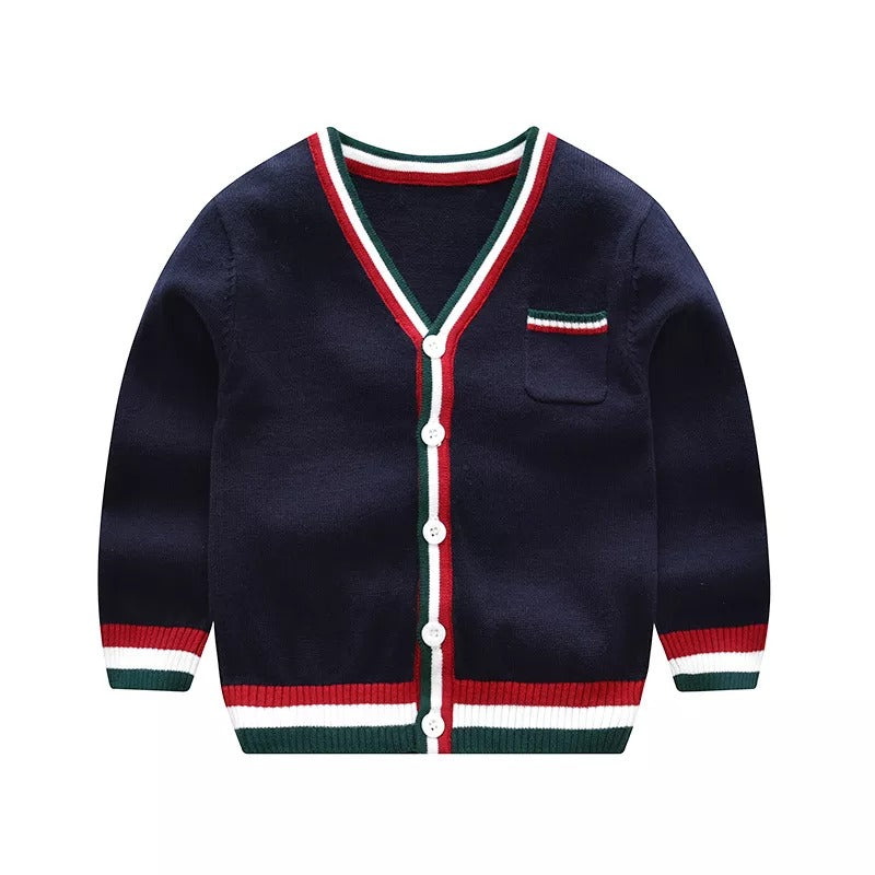 Spring Boys Single Breasted V-Neck Knitted Cardigan - Yellow, Red, Army Green, Blue.