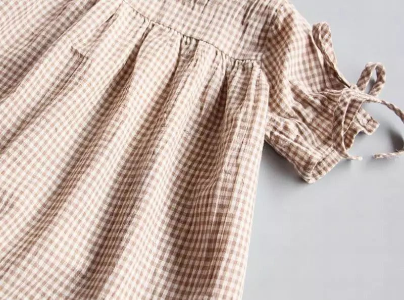 Girls Summer Plaid Loose Lace-up Cuffs Blouse - Beige.