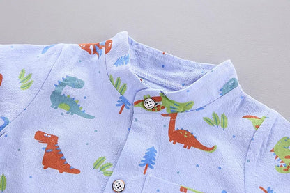 Summer Boys Cartoon Dinosaur Print Short Sleeve Outfit - White, Blue, Green, Pink, Beige, Khaki, Red.