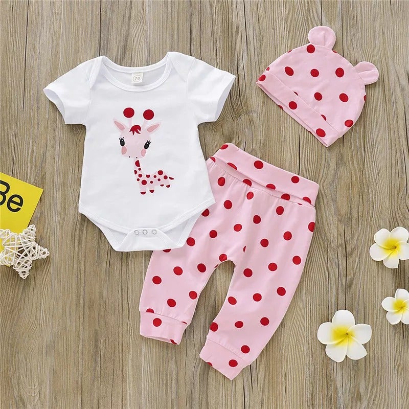 3 piece Cute Giraffe Print Polka Dot Pants and Hat Sets for Baby Girl.