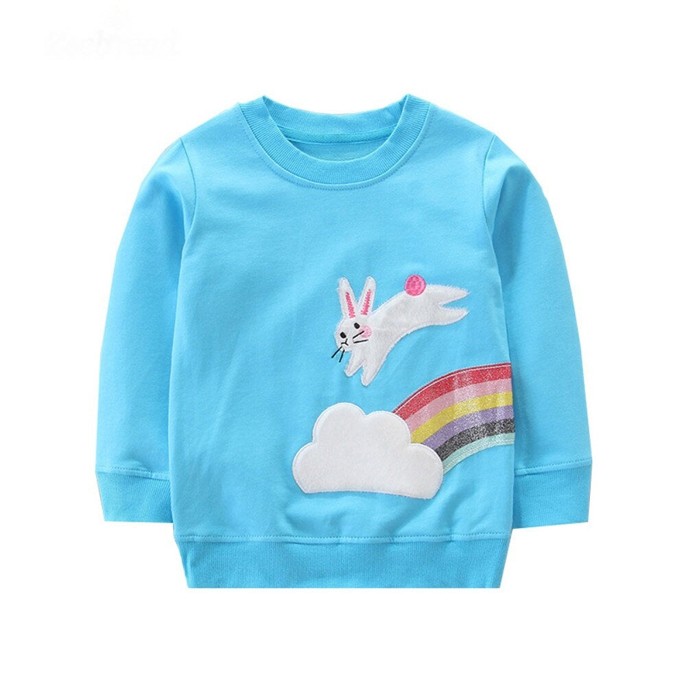 Children's Cute Running Bunny Print Long Sleeve Cotton Sweatshirt - Blue.