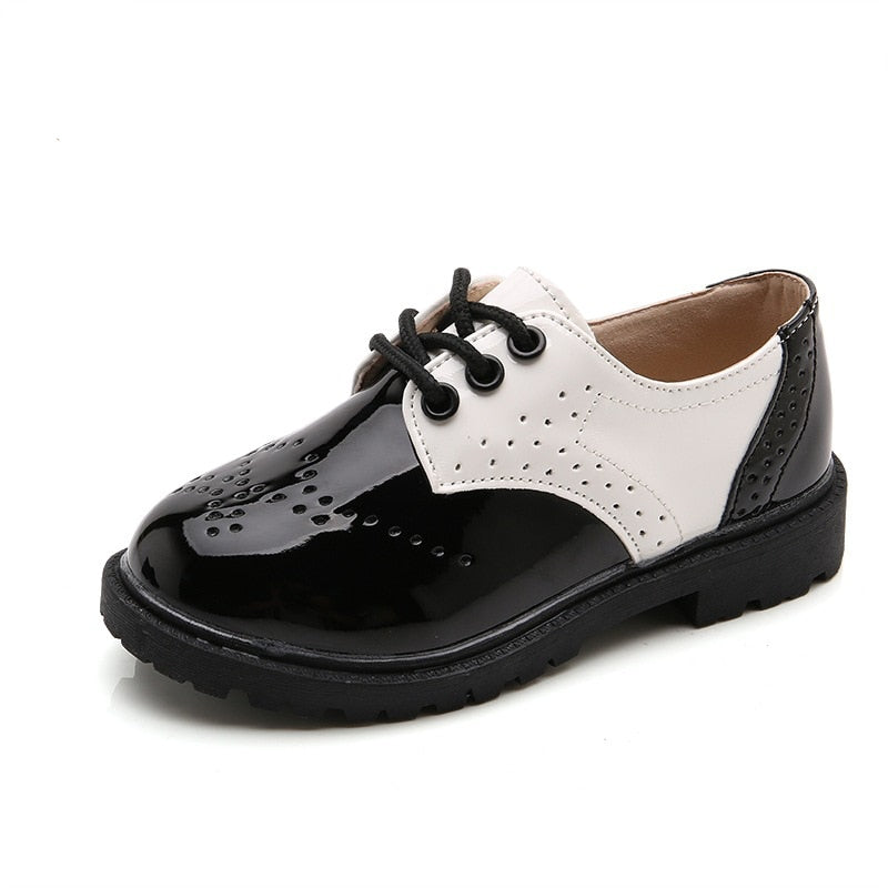 Boys Girls British Style Soft Leather Rubber Sole Formal Shoes - Black, White.