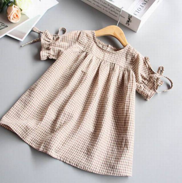 Girls Summer Plaid Loose Lace-up Cuffs Blouse - Beige.
