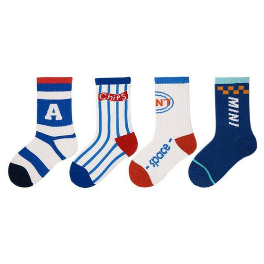 4 Pairs Boys Soft Cotton Breathable Ankle Socks Set - Navy Blue, White.