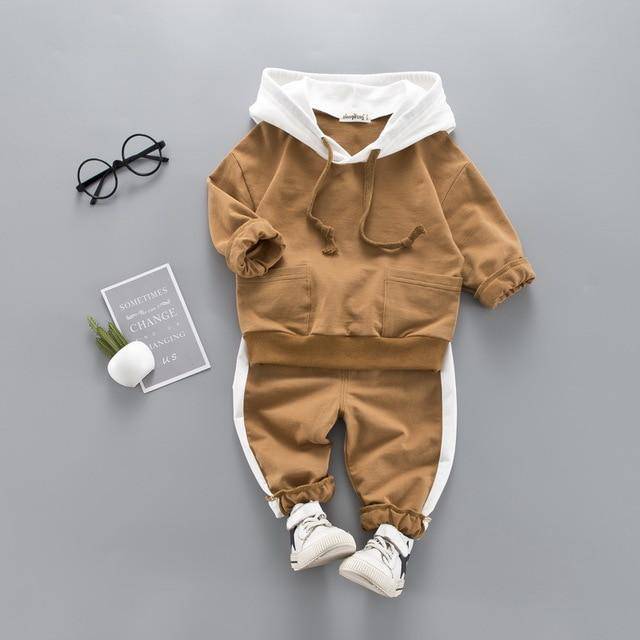 Hooded Casual Set Sweatshirt Long Sleeve Outfit - Brown, White, Blue.
