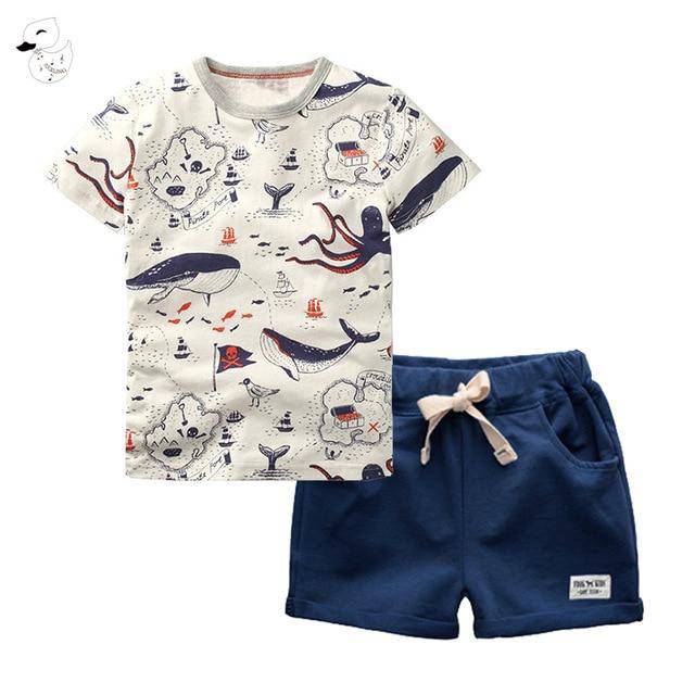 Summer Boys Cartoon Fish Print 100% Cotton Outfit - Navy, Grey, Red.