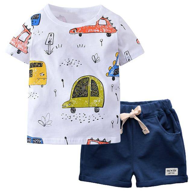 Summer Boys Cartoon Car Print Short Sleeve 100% Cotton Outfit.