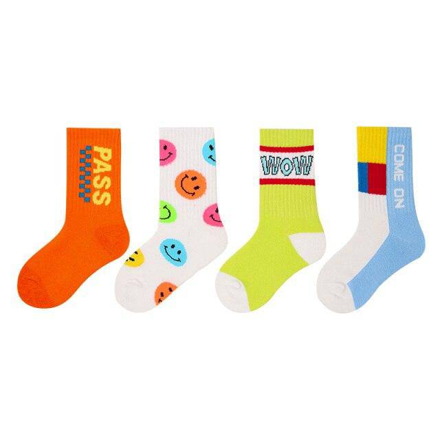 4 Pairs Children Cotton Cartoon Soft Breathable Fashion Combed Ankle Socks Set.