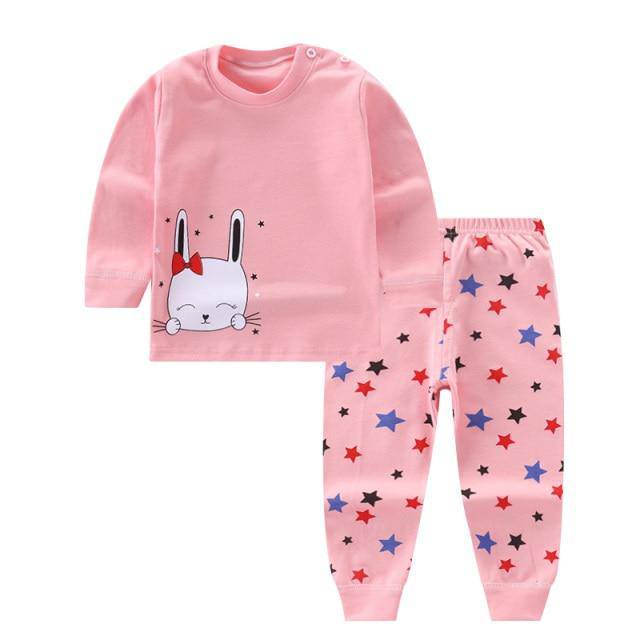 Fashion Top Brand Cartoon Print Cotton Top&Pants' Set - Pink Stars.