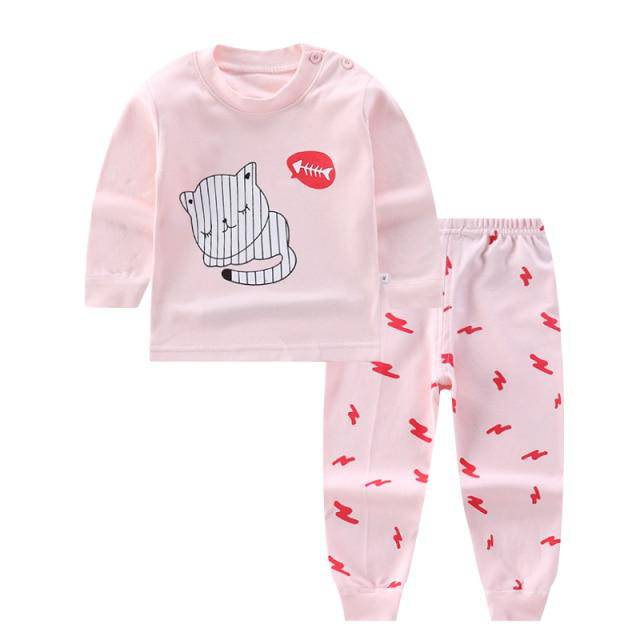 Fashion Top Brand Cartoon Print Cotton Top&Pants' Set - Pink Cat.
