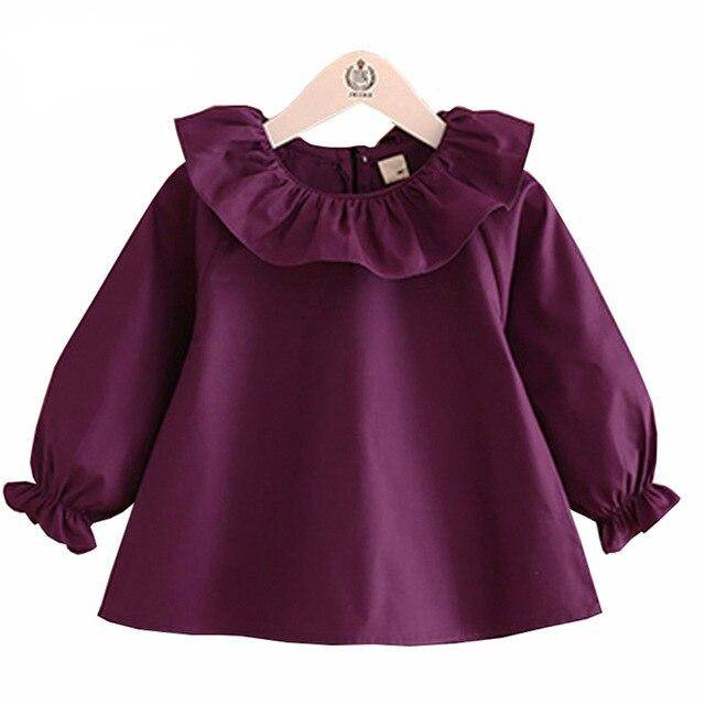 Girl's Long Sleeve Ruffle Cotton Blouse - White, Navy, Purple.