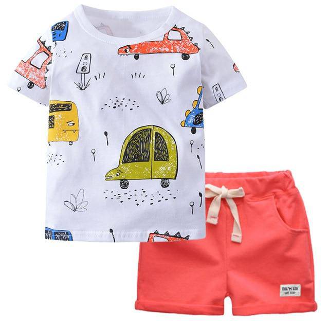 Summer Boys Cartoon Car Print Short Sleeve 100% Cotton Outfit.