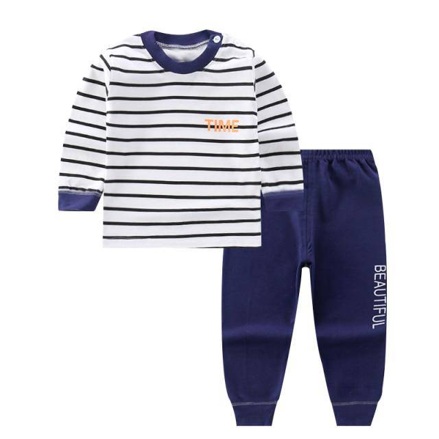 Fashion Top Brand Cartoon Print Cotton Top&Pants' Set - White Striped, Blue.