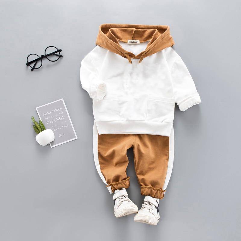 Hooded Casual Set Sweatshirt Long Sleeve Outfit - Brown, White, Blue.