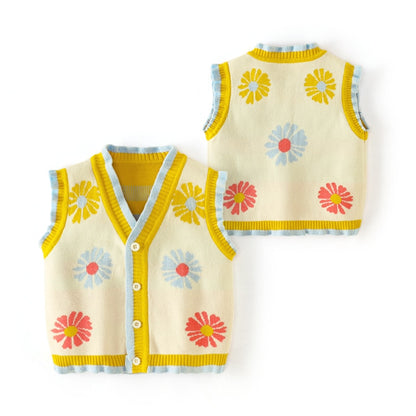 Little Girls Daisy Flower Ruffle Knitted Vest - Yellow.