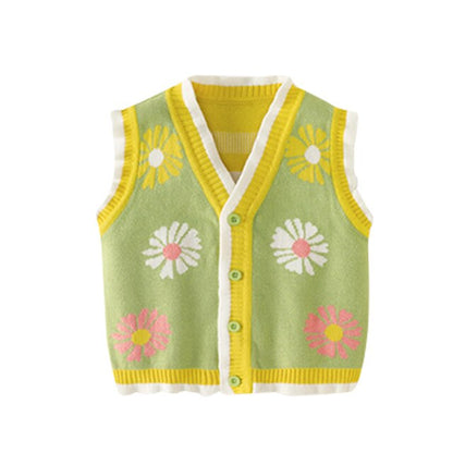 Little Girls Daisy Flower Ruffle Knitted Vest - Green.