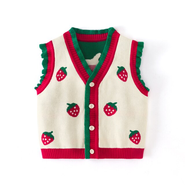 Little Girls Daisy Flower Ruffle Knitted Vest - Beige Strawberry.