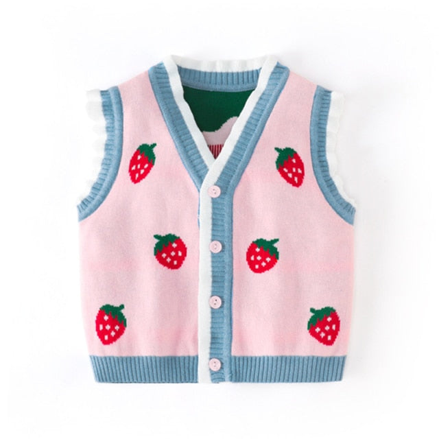 Little Girls Daisy Flower Ruffle Knitted Vest - Pink Strawberry.