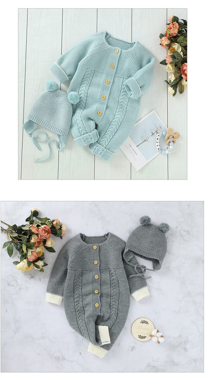 Baby Boys Girls Long Sleeve Knitted Jumpsuit - Blue.